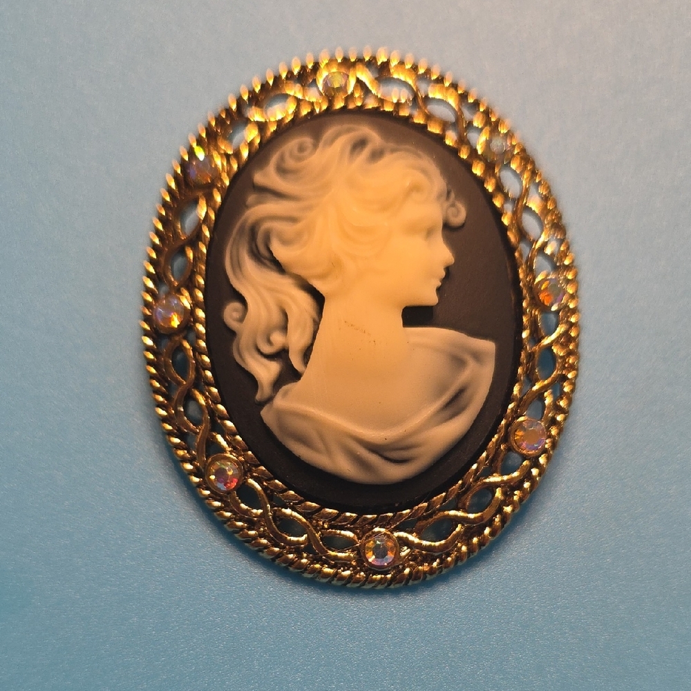 Elegant Gold and Brown Cameo Brooch With